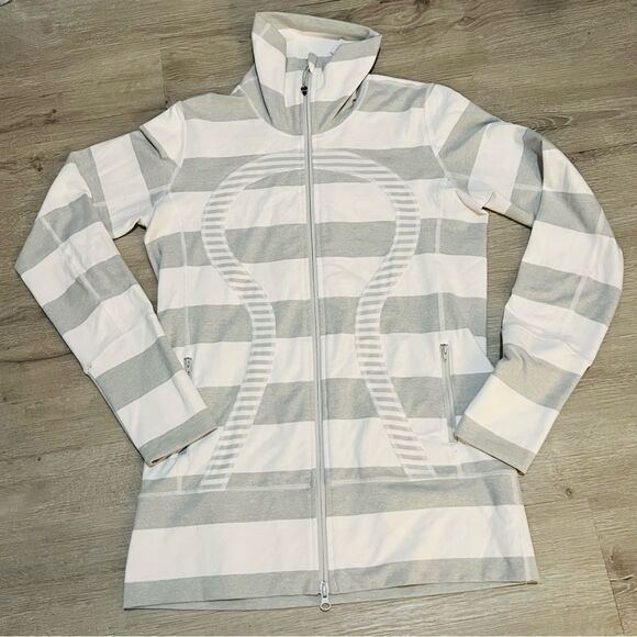 Lululemon In Stride White Silver Gray Bold Stripe Full Zip Jacket 8 - Picture 2 of 9